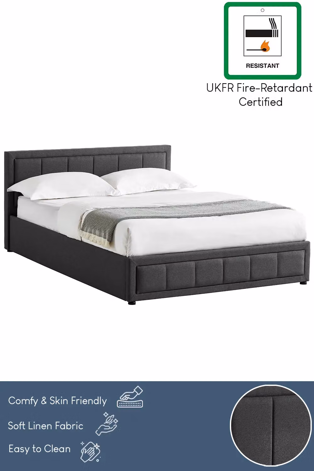 Vida Designs Vanita Upholstered Ottoman Storage Bed Frame in Dark Grey Linen Fabric, Size: King (180 x 200 cm) – 4