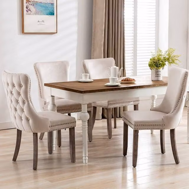 Modern Home Touch Sierra Lux Set of 4 Beige Velvet Dining Chairs with Tufted Wing Backs and Oak Wood Upholstered Frames