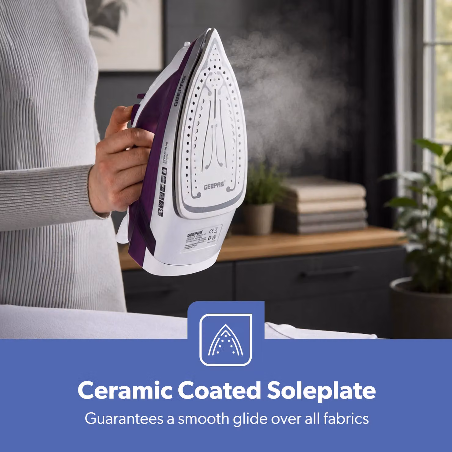 Geepas 2000W Steam Iron with Ceramic Non-Stick Soleplate and Vertical Steam Function in Purple – 6