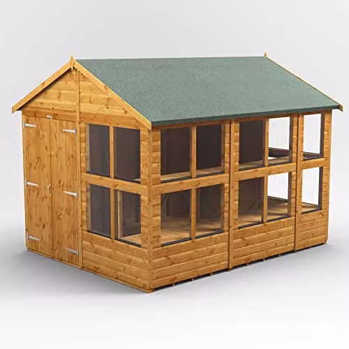 POWER Apex Potting Wooden Shed with Double Door and PVC Window Sills in Brown, W/D/H: 325.2 x 258.0 x 240.4 cm