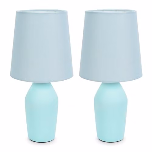 ValueLights Set of 2 Duck Egg Blue Ceramic Table Lamps with Tapered Fabric Lampshades and LED Bulbs Included – 1