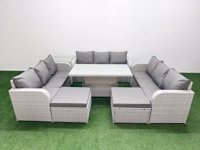 Fimous 11 Seater PE Rattan Outdoor Garden Furniture Set in Grey with 3 Seater Sofa, 2 Large Footstools and Adjustable Lifting Dining or Coffee Table