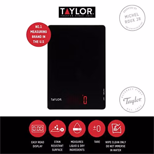 Taylor Digital Kitchen Scales with Tare Function and Unit Conversion, Black Glass, 5 kg Capacity – 2