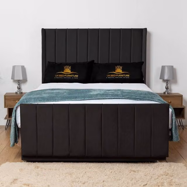 UK Bed Furniture Seoul Wingback Divan Bed Base with 54 Inch Headboard in Black, Single, W/D/H: 90 x 190 cm – 1