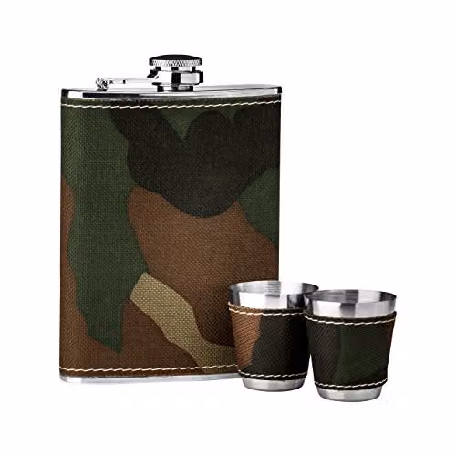 Premier Housewares Stainless Steel Hip Flask and Shot Glass Set in Green and Multicolour Camouflage Design