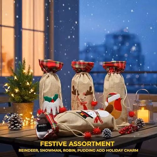 Shatchi Set of 4 Christmas Wine Bottle Covers in Brown Burlap Hessian Linen with Drawstring Closure for Festive Party Table Decorations – 3