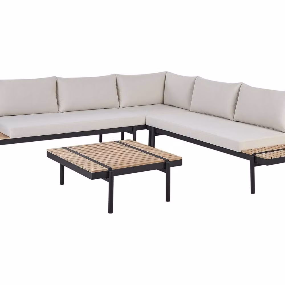 Wyld and Coco Off White Eucalyptus L Shaped Corner Sofa Set with Slatted Coffee Table and Cushions – 2