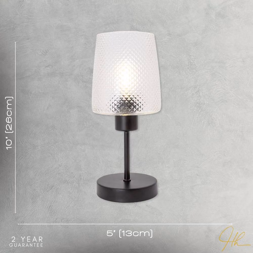 Happy Homewares Modern Dimpled Glass Table Lamp with Matte Black Stem and Base, Transparent and Black – 4