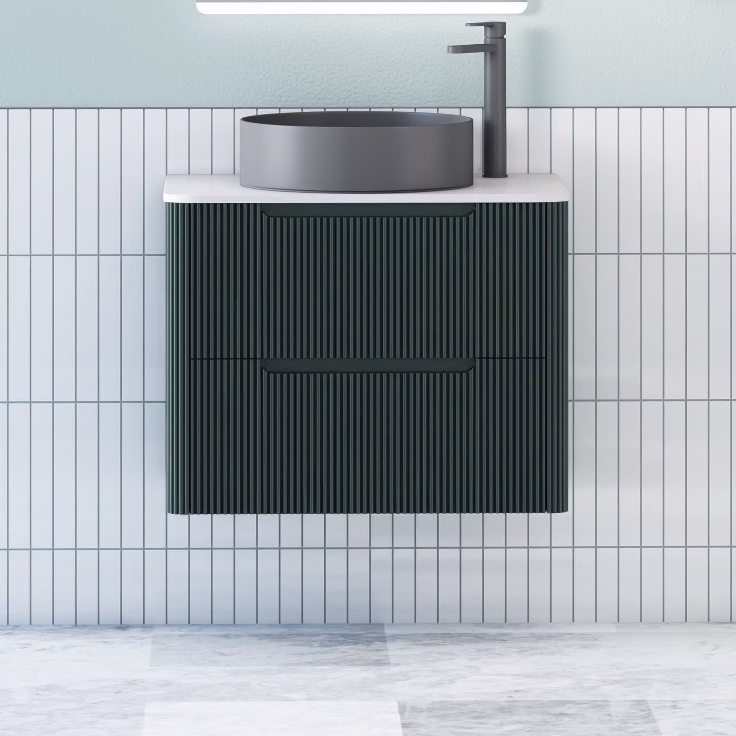 Royal Bathrooms Avenza Wall Hung Vanity Unit in Moss Green with 2 Drawers, Plain White Worktop and Black Art Round Basin, Depth: 70 cm