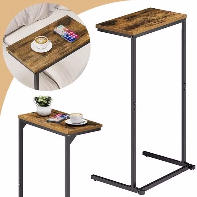 KORVIXA C-Shaped Sofa Side End Table with Brown Wood Top for Living Room, Home Office or Bedroom – 1