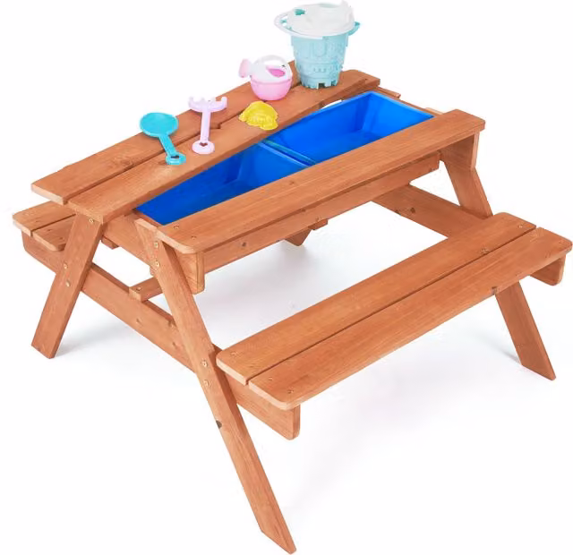 Teamson Kids Brown Wooden Outdoor Sand Pit and Water Play Table with Sensory Features W/D/H: 88.9 x 88.9 x 50.8 cm