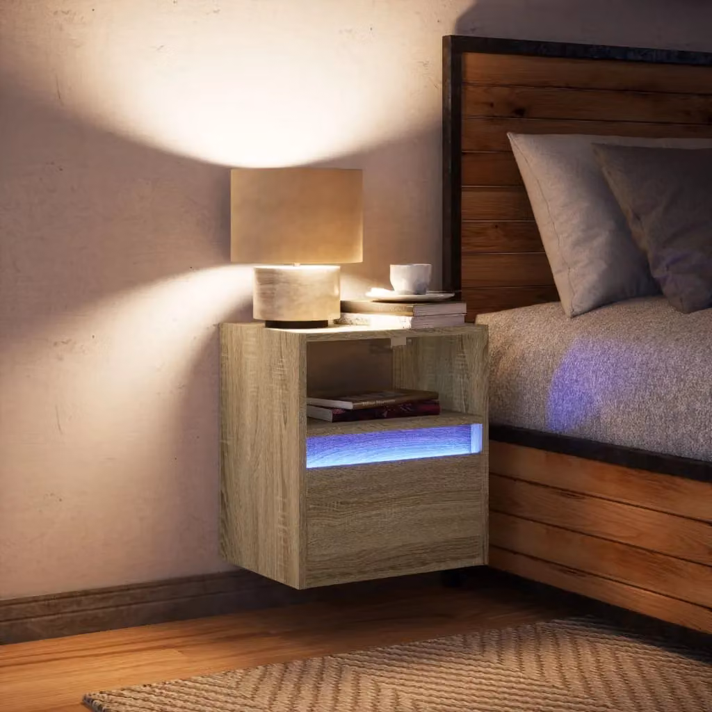 Berkfield Home Wall-mounted Bedside Cabinet with Integrated LED Lights in Sonoma Oak Brown – 2