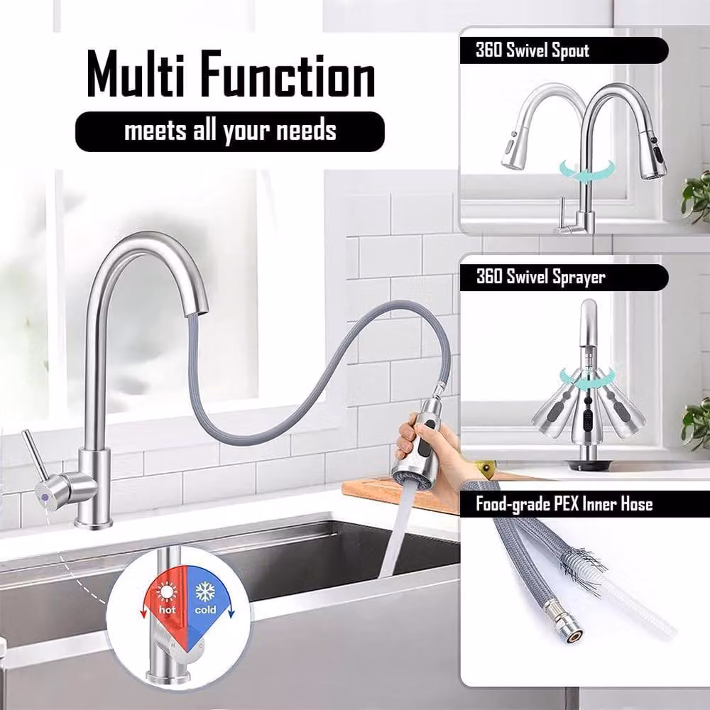 SPETLEK Single Lever Kitchen Sink Mixer Tap with Pull Out Spout and Spray Function in Silver Chrome – 4