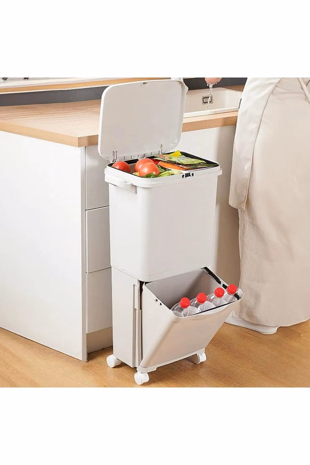 H&O Direct 2 Layer 38L Pedal Recycling Bin with Removable Inner Bucket and Rollers, White – 2