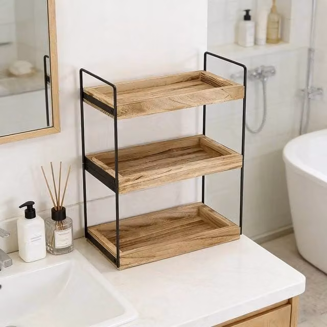 KORVIXA Dual Purpose Bathroom Storage Shelf Rack in Natural Wood, Width: 100 cm
