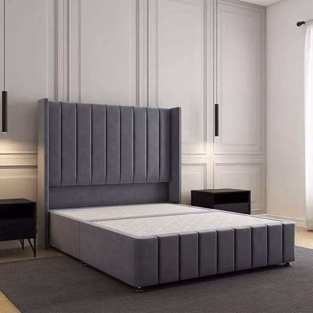 Regional Furnishings Charcoal Grey Velvet Upholstered Single Divan Bed W/ 54 inch Headboard and 12 inch Footboard, W/D/H: 90 x 190 cm