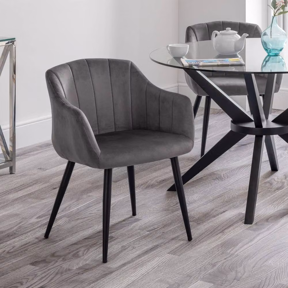 Cheshire Glenwood Set of 2 Premium Scalloped Grey Velvet Dining Chairs with Armrests and Black Metal Legs – 3