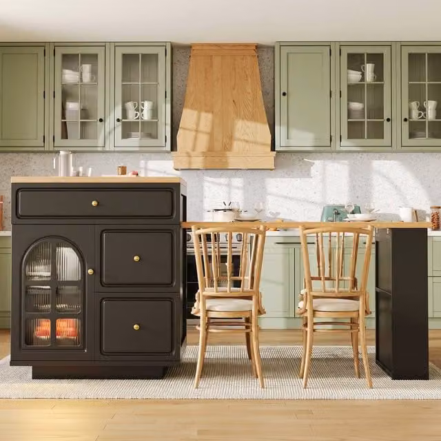 Rolipo Extendable Kitchen Island Bar Table with Storage, Glass Doors and Integrated LED Light in Matt Black – 1