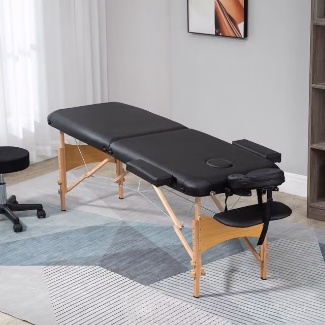 HOMCOM Wooden Folding Spa Beauty Massage Table with 2 Sections and Carry Bag, Black