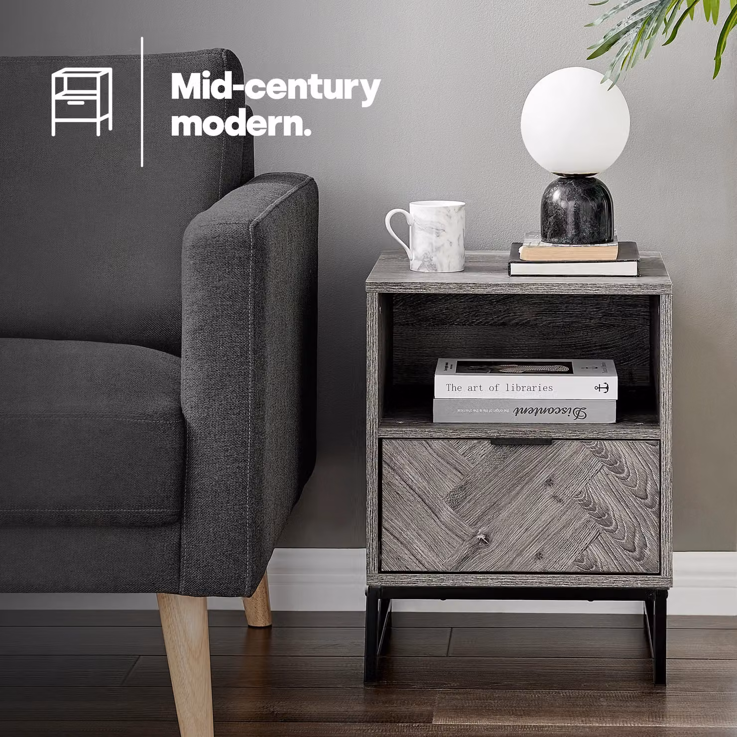 LIVIVO Grey Side Table with Drawer and Shelf – 3