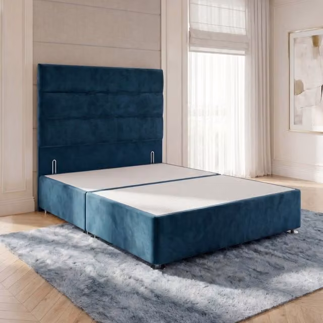 Horizona Velvet Divan Bed Base with Drawers and Floor Standing Headboard, Blue, W/D/H: 120 x 200 x 34.5 cm