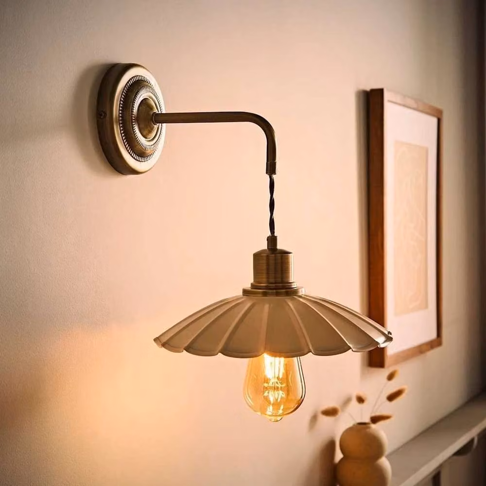 PAWNORA Metal Scallop Shade Adjustable Wall Light in Beige and Gold/Brass with Warm White LED Bulb – 2