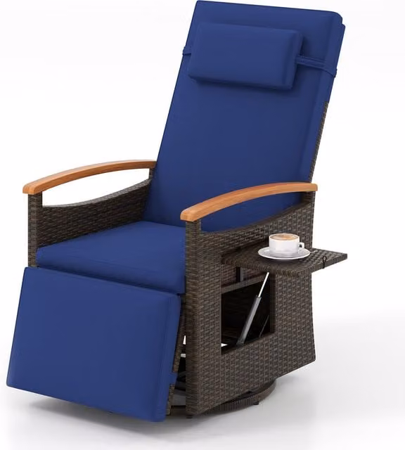 COSTWAY Blue Outdoor Swivel Rattan Recliner Chair with Acacia Wood Frame and Side Tray