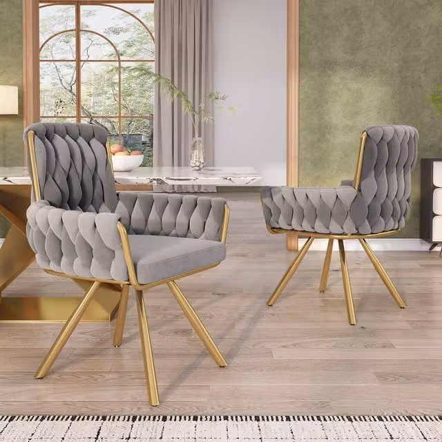 BTM Set of 2 Grey Velvet Swivel Armchairs with Metal Legs