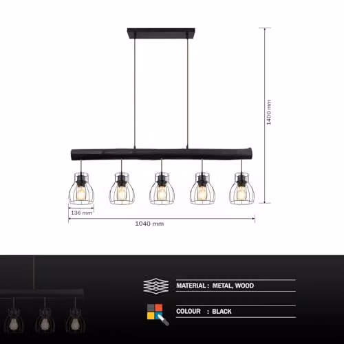 Netlighting Mina Bar Pendant Ceiling Light in Matt Black with 5x E27 Bulbs – 5