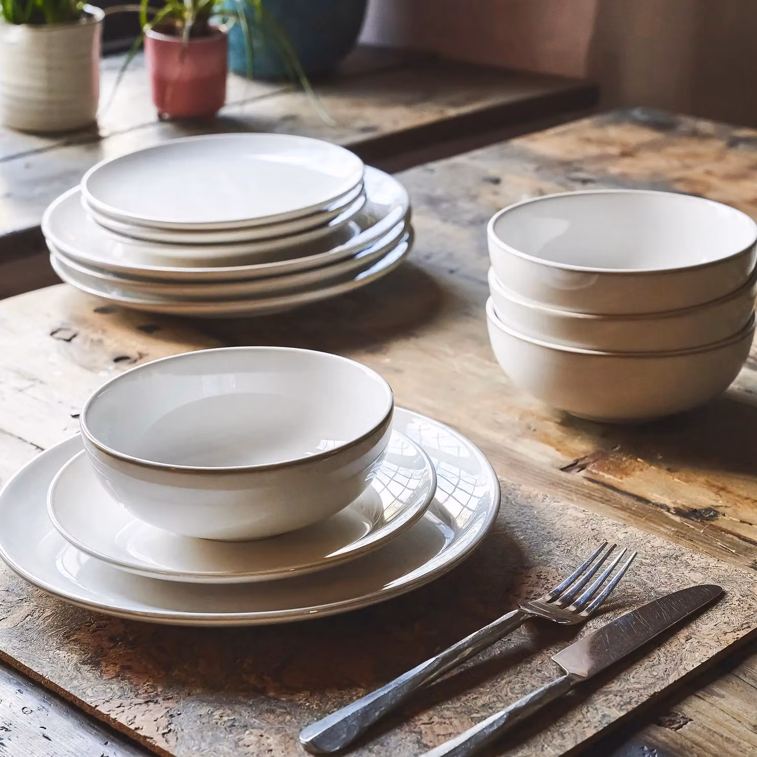 Cooks Professional 12 Piece Nordic Reactive Glaze Stoneware Dinnerware Set in White and Grey, Includes 4 x Dinner Plates, 4 x Side Plates and 4 x Cereal Bowls, Microwave and Dishwasher Safe – 2