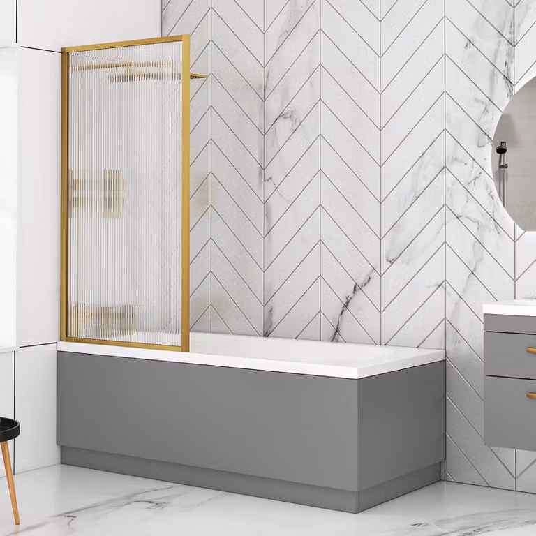 Royal Bathrooms Cesar Square Single Ended Acrylic Bath with Fluted Screen and Indigo Grey Gloss MDF Panel, W: 140 cm, D: 70 cm, H: 44 cm