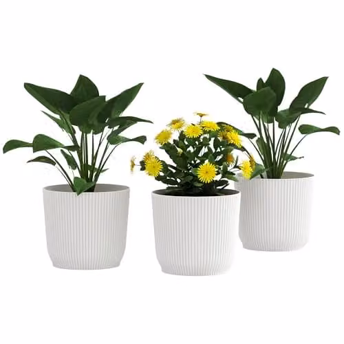 Outsunny Set of 3 White Plastic Round Plant Pots and Garden Planters, Diameter: 22 cm – 1