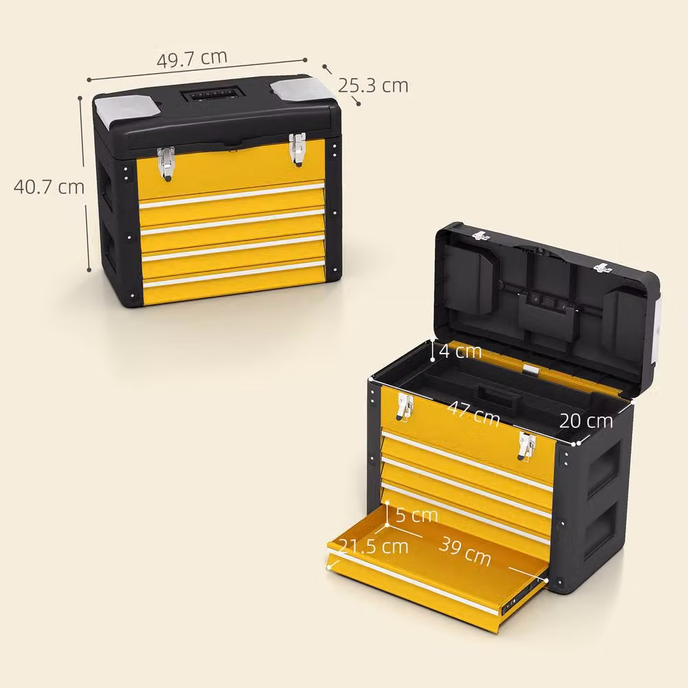 STILVORA Yellow Metal Toolbox with 4 Drawers and Top Tray, W/D/H: 49.7 x 40.7 x 25.3 cm – 3