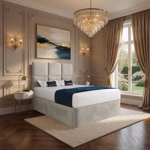 Casani Wolfforth Small Single Upholstered Divan Bed Frame with Floorstanding Headboard and Drawers in Beige – 1