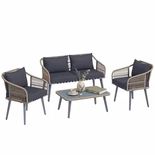 Outsunny 4 Piece Rattan Garden Furniture Set with Upholstered Cushions in Grey – 1