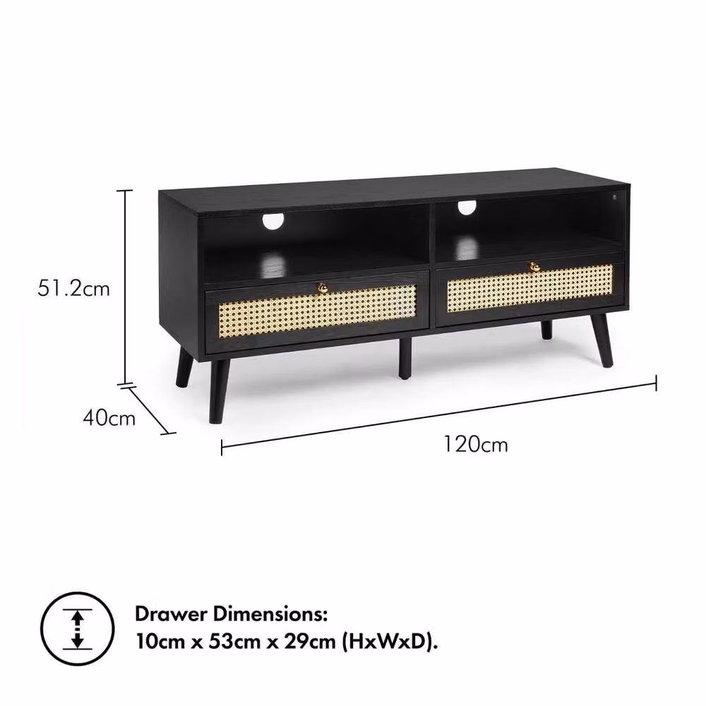 EONLION Art Deco Black Wood and Rattan TV Unit and Entertainment Cabinet, Width: 100 cm – 2