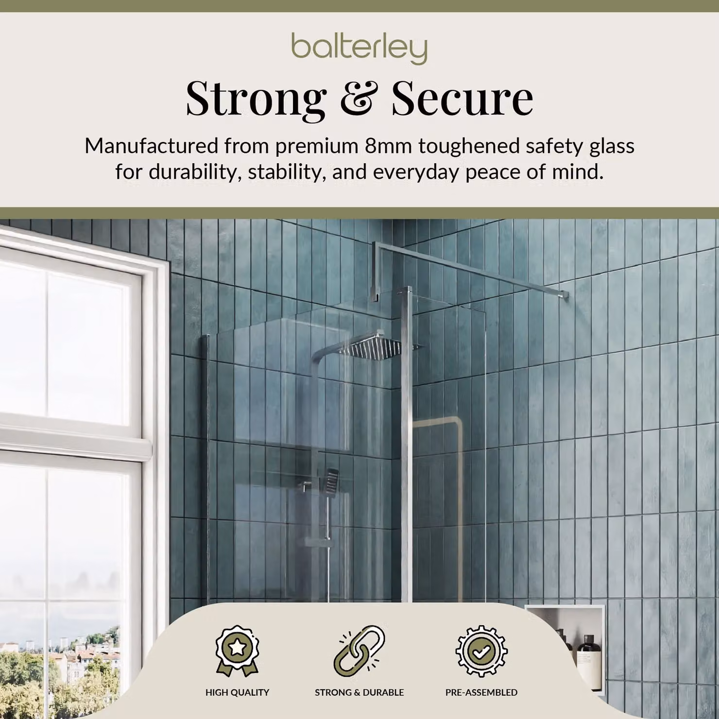 Balterley 8mm Glass Walk-in Wetroom Screen and Return with Chrome Frame and Grey Tray, W: 140 cm, D: 90 cm – 2