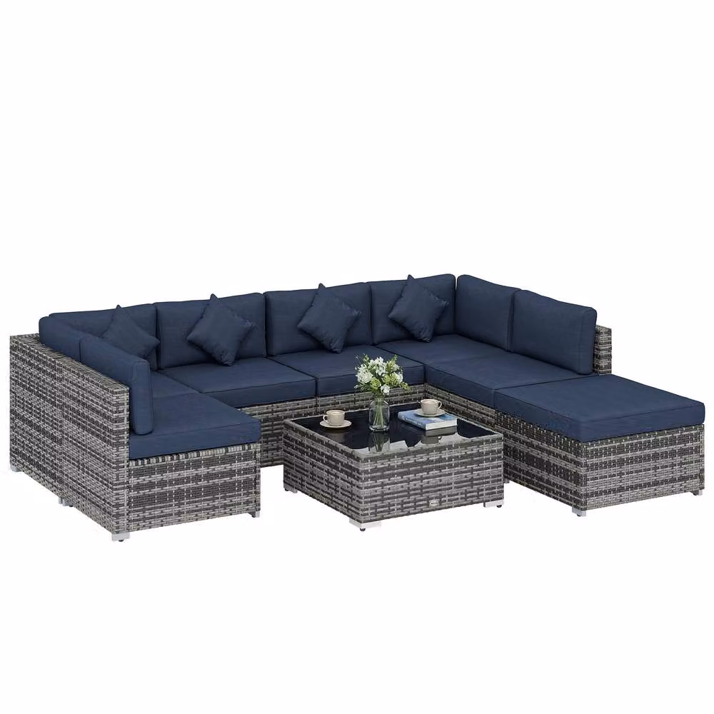 Outsunny 8 Piece L-Shape Rattan Garden Furniture Set with Blue Upholstered Cushions, Coffee Table and Ottoman – 2