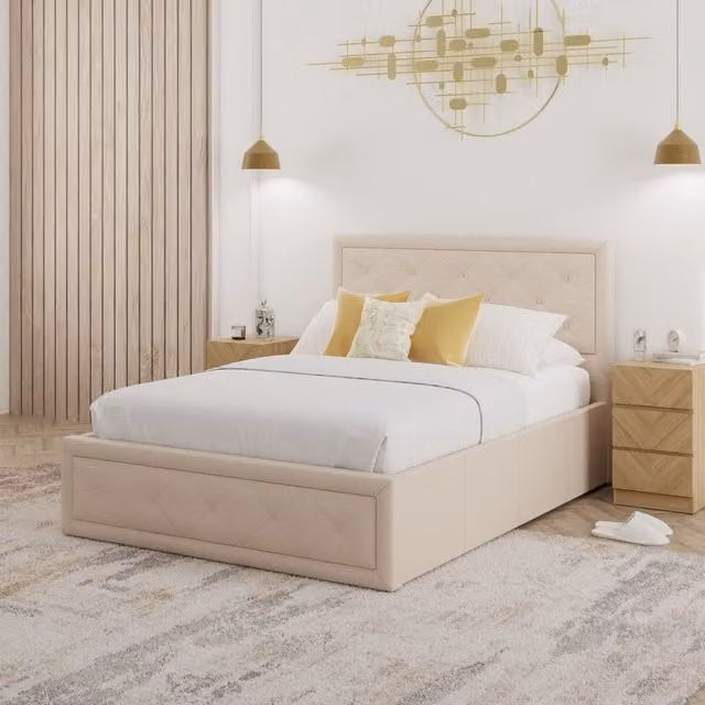 GFW Hollywood Ottoman Storage Bed in Sand Velvet Fabric, W/D: 180 x 200 cm – 1