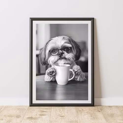 60 Second Makeover Funny Shih Tzu Drinking Coffee Paper Poster, A4, Multicolour