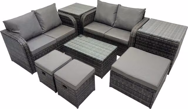 Fimous Modern Rattan Garden Furniture Set in Dark Grey with 2-Seater Sofa, Coffee Table and Ottoman