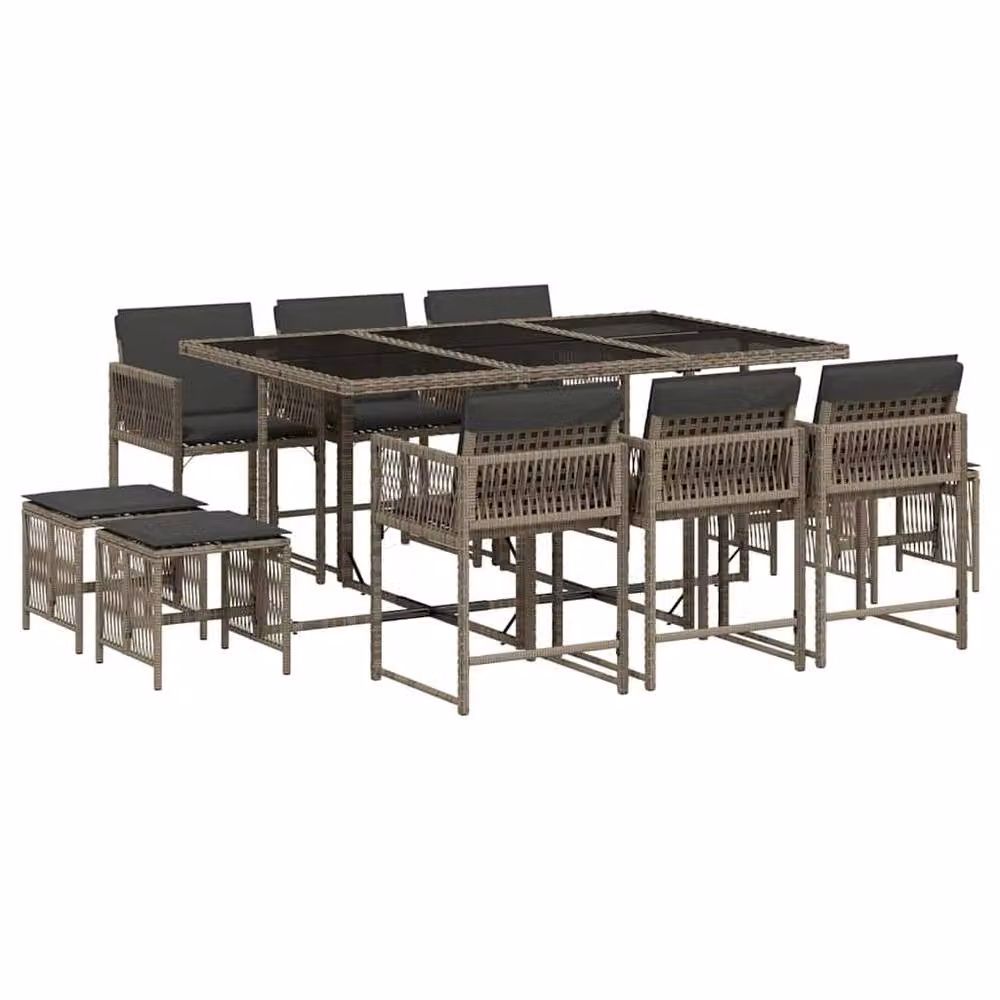 Berkfield Home 11 Piece Grey Poly Rattan Extendable Garden Dining Set with Glass Table and Cushions – 2