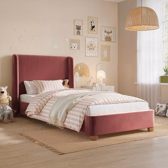 Flair Alma Single Winged Headboard Bed in Pink Velvet and Bouclé, W/D/H: 90 x 200 cm – 1