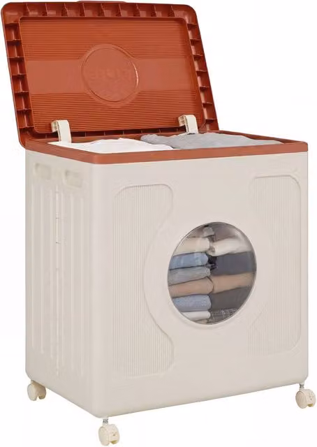Gymax 120L Rolling Clothes Storage Box with Lid, Wheels and Transparent Window, Beige – 1