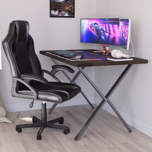 Vida Designs Modern Walnut Gaming Desk with X-Frame Metal Legs