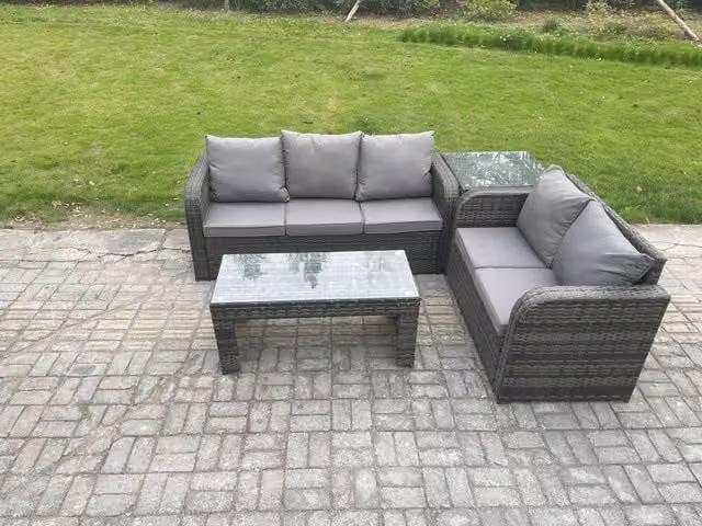 Fimous Dark Grey Rattan Garden Furniture Set with Rectangular Coffee Table and Side Table