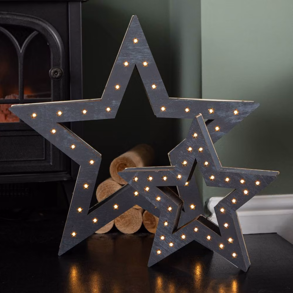 Samuel Alexander Set of 2 Battery Operated Wooden Christmas Stars with 60 Warm White LEDs in Grey – 4