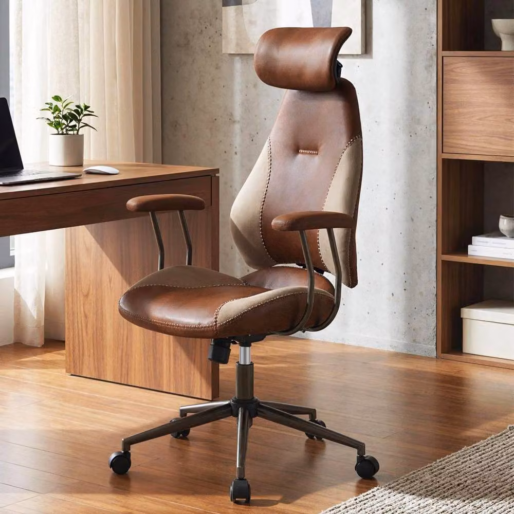 KORVIXA Brown Fabric Swivel Task Chair with Headrest and Armrests for Home Office – 3