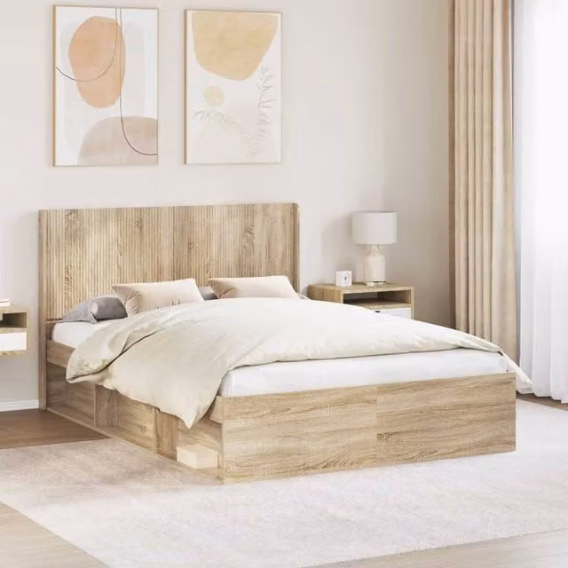 Berkfield Home Sonoma Oak Bed Frame with Storage and Headboard in Brown, W/D/H: 120 x 190 cm