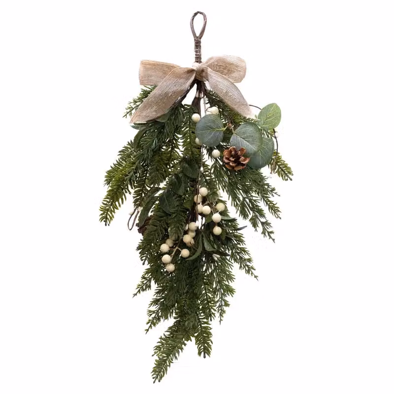 Scottish Everlastings Ltd Mistletoe and Pine Cone Teardrop Wreath Swag with Hessian Bow in Green, 55 cm – 2